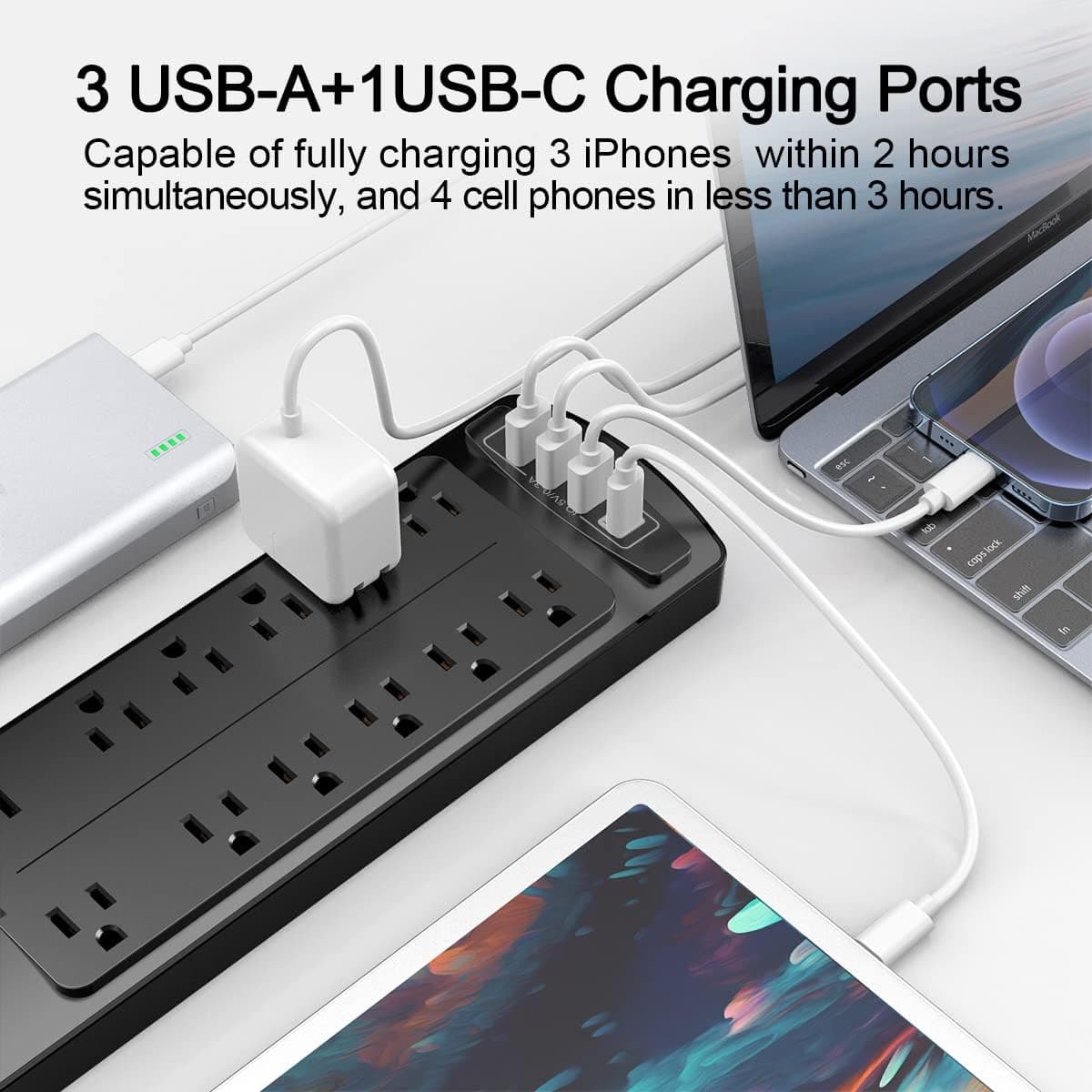 Power Strip, ALESTOR Surge Protector with 12 Outlets and 4 USB Ports, 6 Feet Extension Cord (1875W/15A), 2700 Joules, ETL Listed, Black 6 Ft Black - Image 5