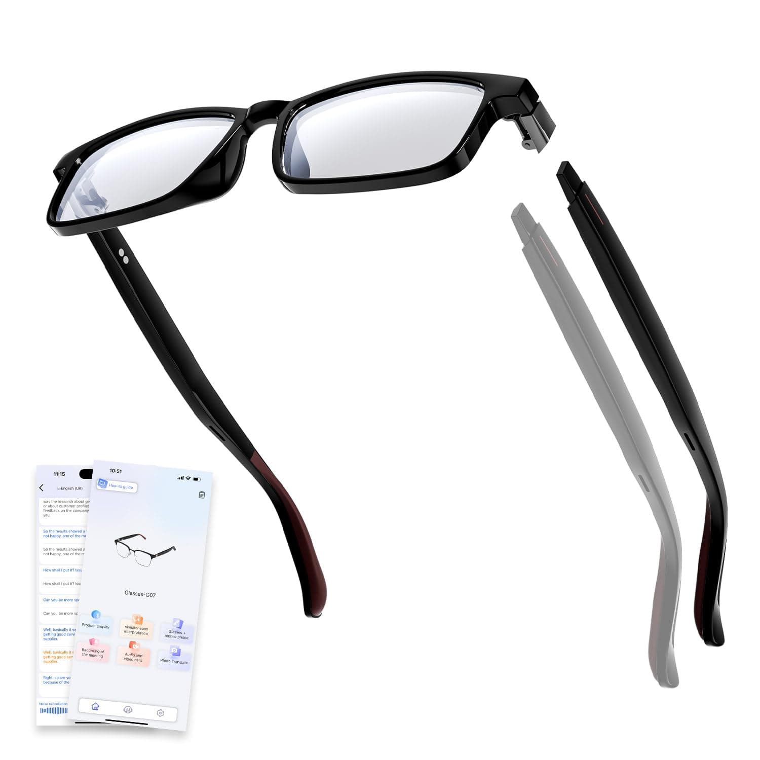 Gen3 Smart Translation Glasses – Bluetooth Glasses with Dual Temples (Bluetooth+Standard), Real-Time AI Interpreter, Touch Control, Voice Assistant – Lightweight for Travel, Work, Business Black Gen3 Glasses Set