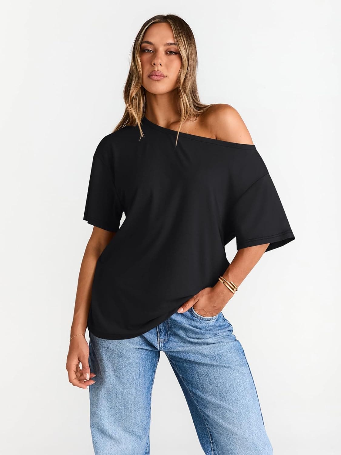 Trendy Queen Womens Off The Shoulder Tops Oversized T-Shirts Short Sleeve Tees Summer 2025 Casual Spring Fashion Clothes Black Medium - Image 3