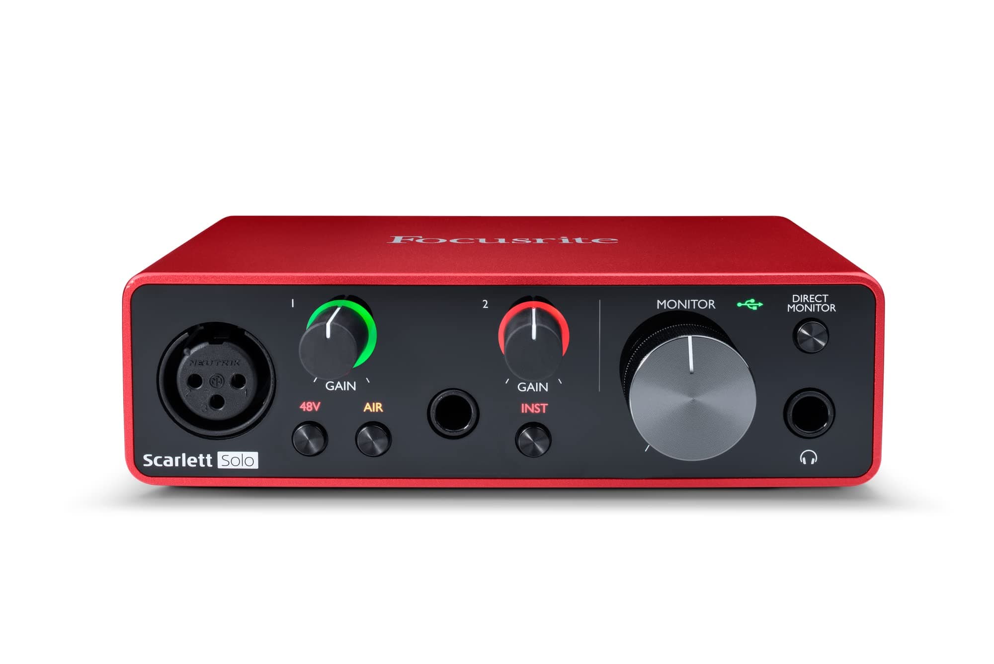 Focusrite Scarlett Solo 第三代 USB 音频接口，适合吉他手、歌手、播客主持人或制作人进行录音和回放