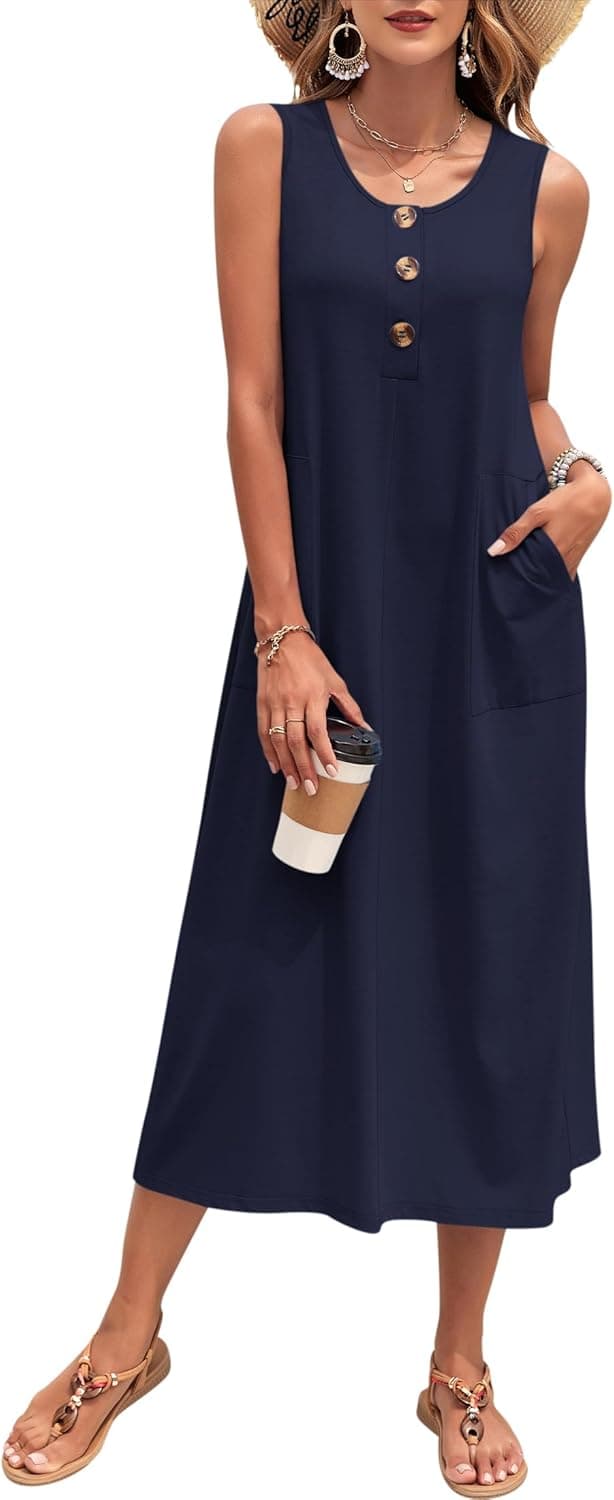 MOLERANI Women's Summer Maxi Dress 2025 Sleeveless Button Down Casual Loose Long Beach Sundress Travel Vacation Outfits Medium Navy Blue - Image 2