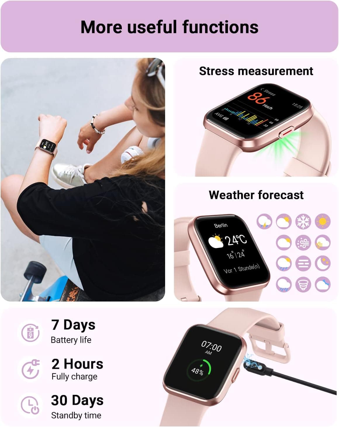 Smart Watch for Women Android & iPhone, Alexa Built-in, 1.8" Touch Screen Fitness Tracker with Answer/Make Calls, IP68 Waterproof Heart Rate/Sleep/SpO2 Monitor, Pedometer, 100+ Sport Modes Pink 1.8 - Image 7