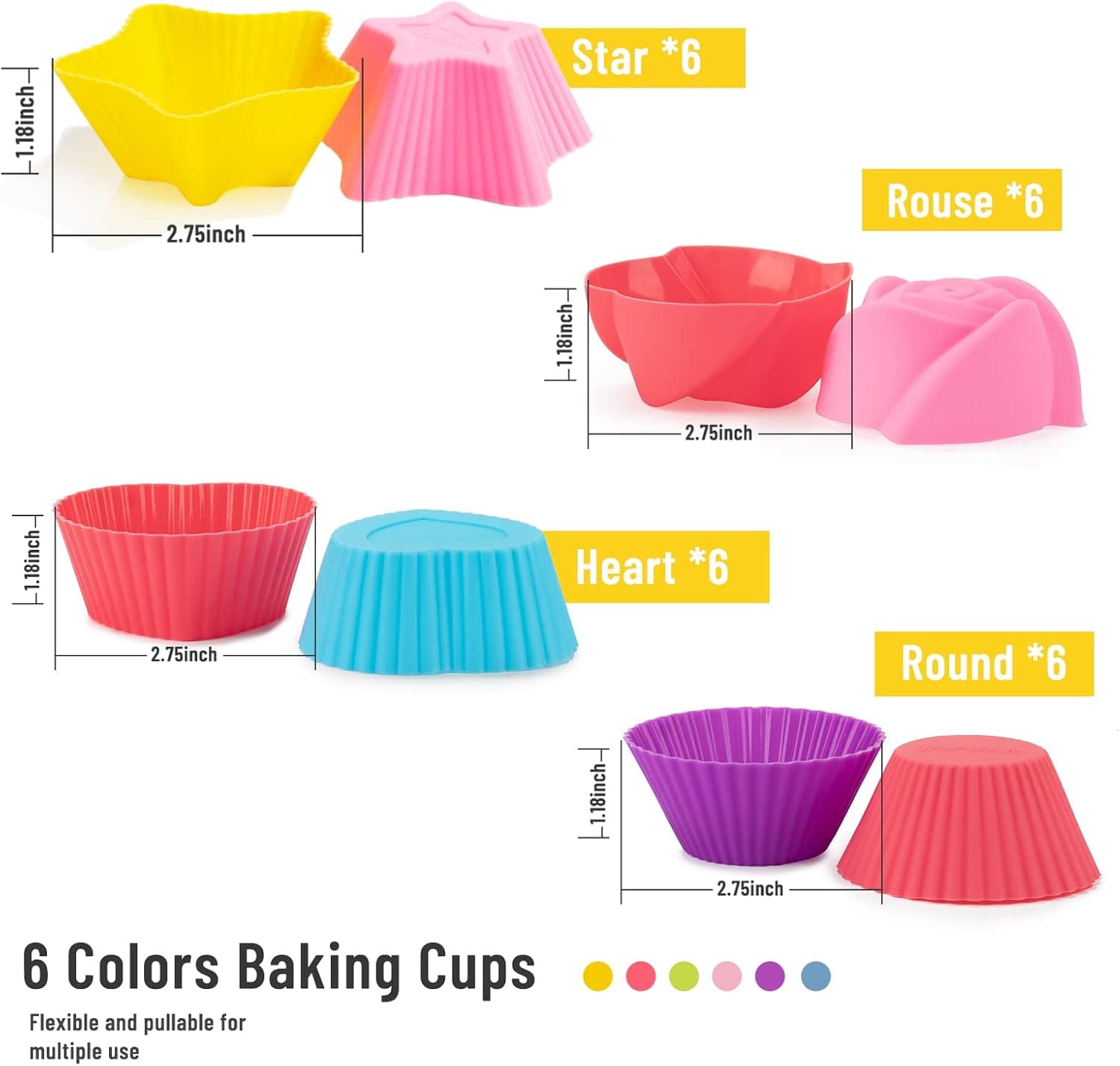 LetGoShop Silicone Cupcake Liners Reusable Baking Cups Nonstick Easy Clean Pastry Muffin Molds 4 Shapes Round, Stars, Heart, Flowers, 24 Pieces Colorful Multicolor - Image 4