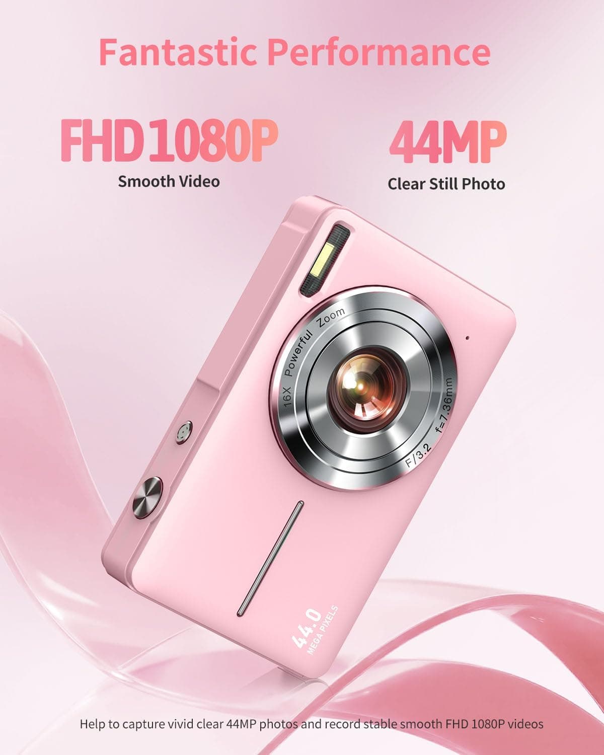 Digital Camera, FHD 1080P Point and Shoot Kids Camera, with 32GB Card, 2 Batteries, 16X Zoom Anti Shake Date Stamp, Compact Portable Small, for Starter Kid Children Teen Student Girl Boy(Pink) - Image 2