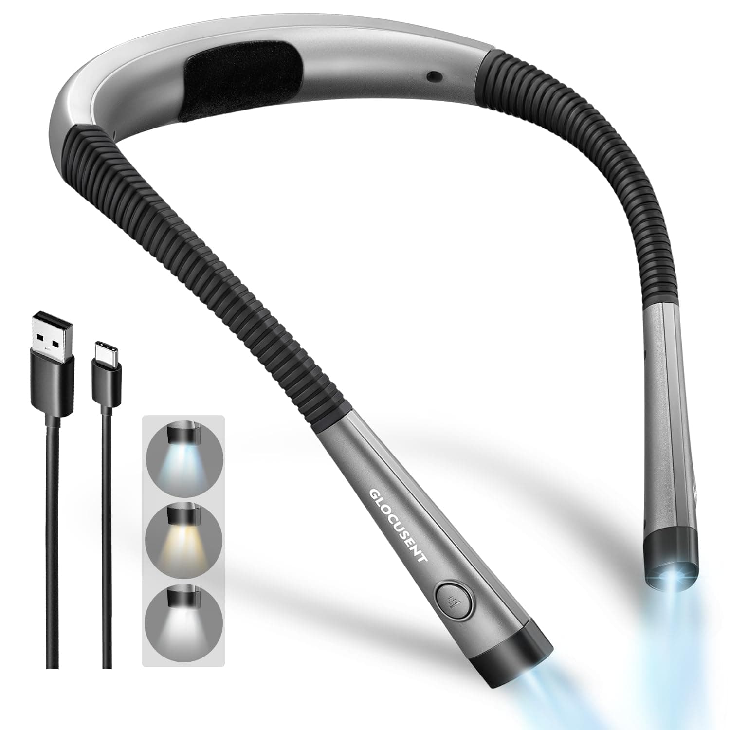 Glocusent Book Light, 3-Color & 6-Brightness Reading Light, Bendable Neck Light, 80-hr Lasting Rechargeable Lamp, Perfect Book Light for Reading in Bed, Knitting, Camping, Repairing, Book Lovers Gifts Medium Gray