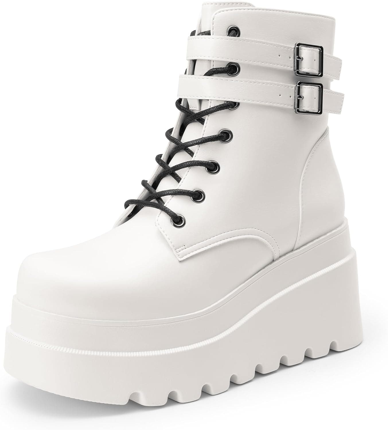 DREAM PAIRS Women Platform Combat Ankle Boots Goth Chunky High Heel Lace Up Motorcycle Booties 9 White - Image 2