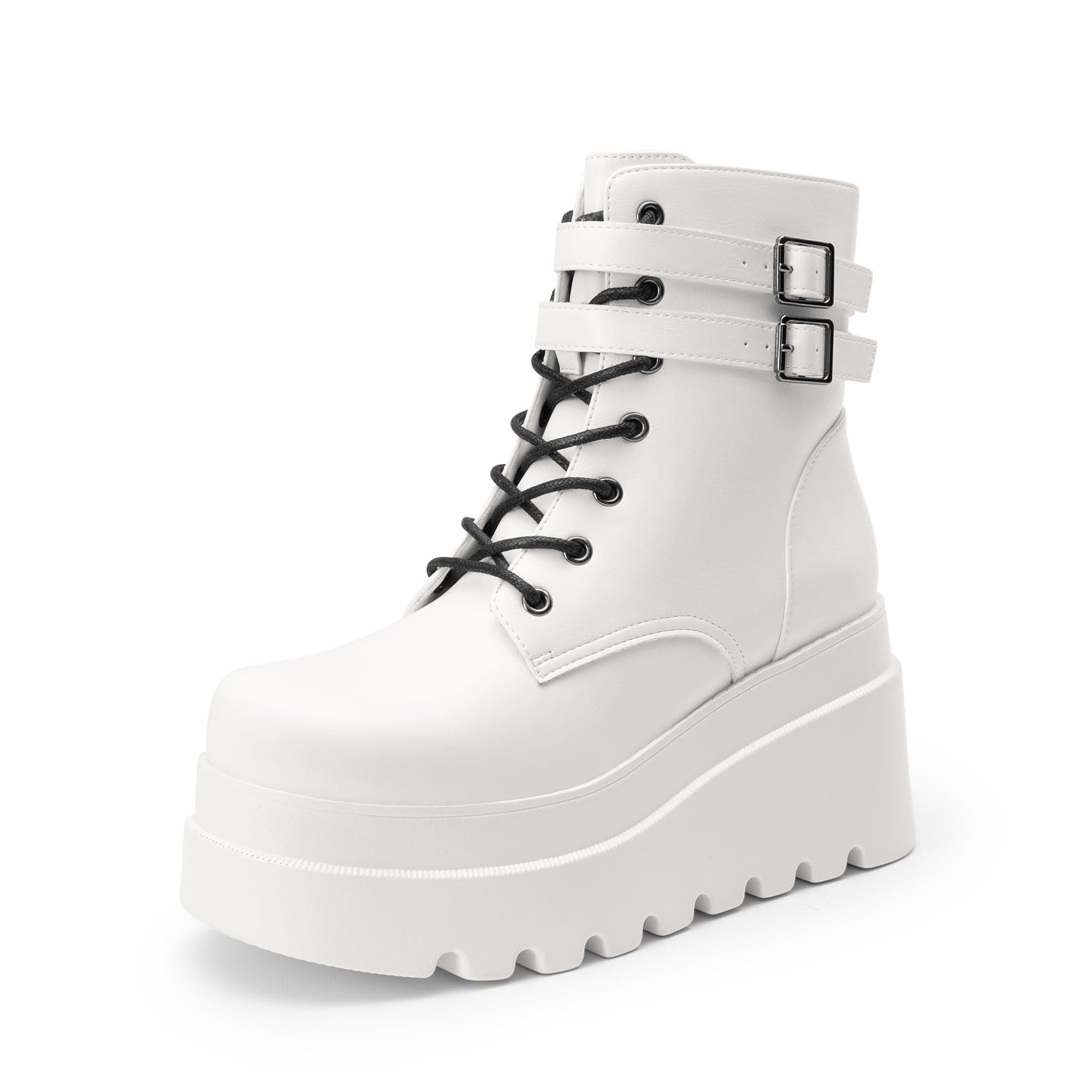 DREAM PAIRS Women Platform Combat Ankle Boots Goth Chunky High Heel Lace Up Motorcycle Booties 9 White