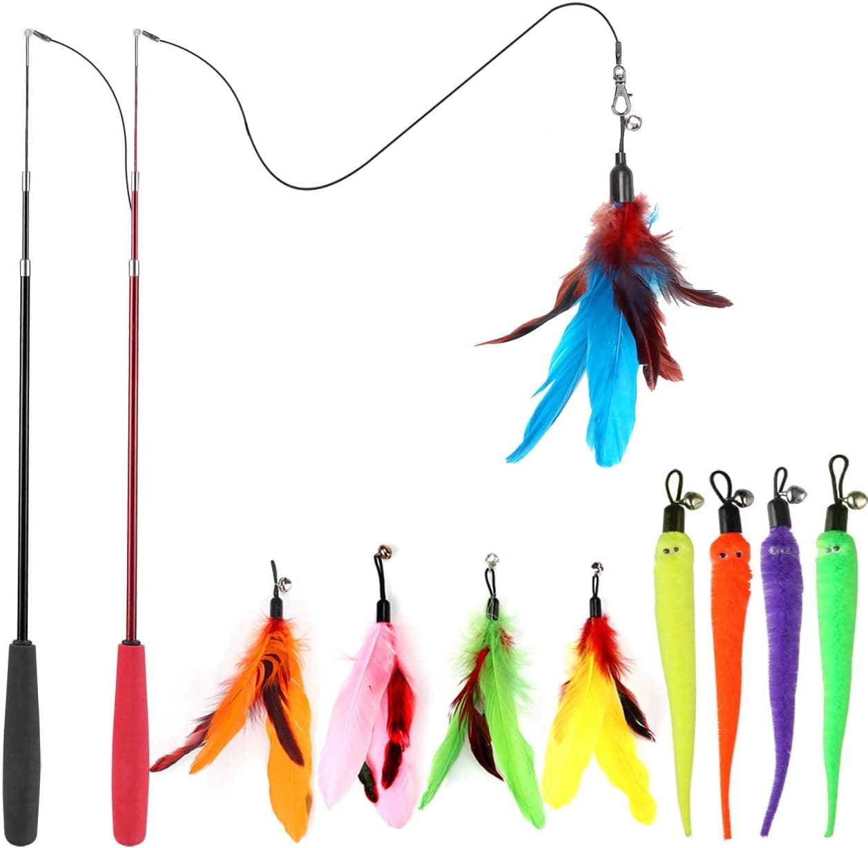 Cat Feather Toy, Retractable Cat Toys Wand 2 Wands & 9 Assorted Teaser Refills, Interactive Feather Teaser Wand Toy Bell Kitten Cat Having Fun Exerciser Playing - Image 2