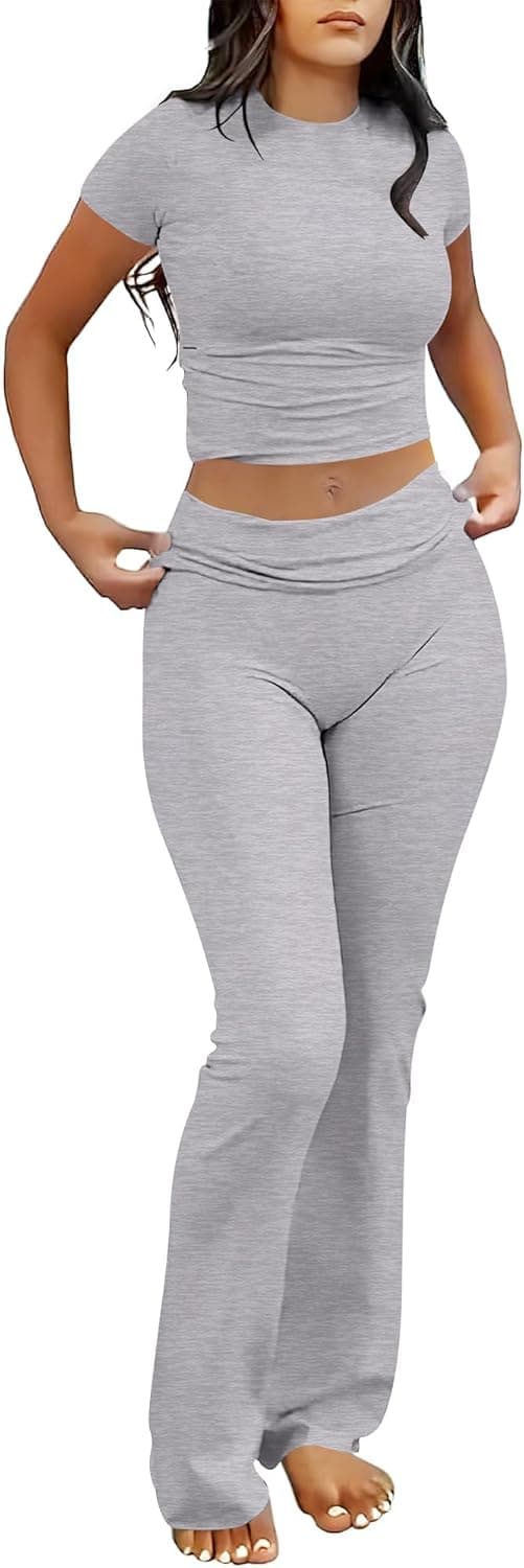 ANRABESS Lounge Sets for Women 2 Piece Foldover Yoga Flare Leggings Pants Crop Tops Casual Y2K Outfits Matching Tracksuit Set Medium Grey - Image 2