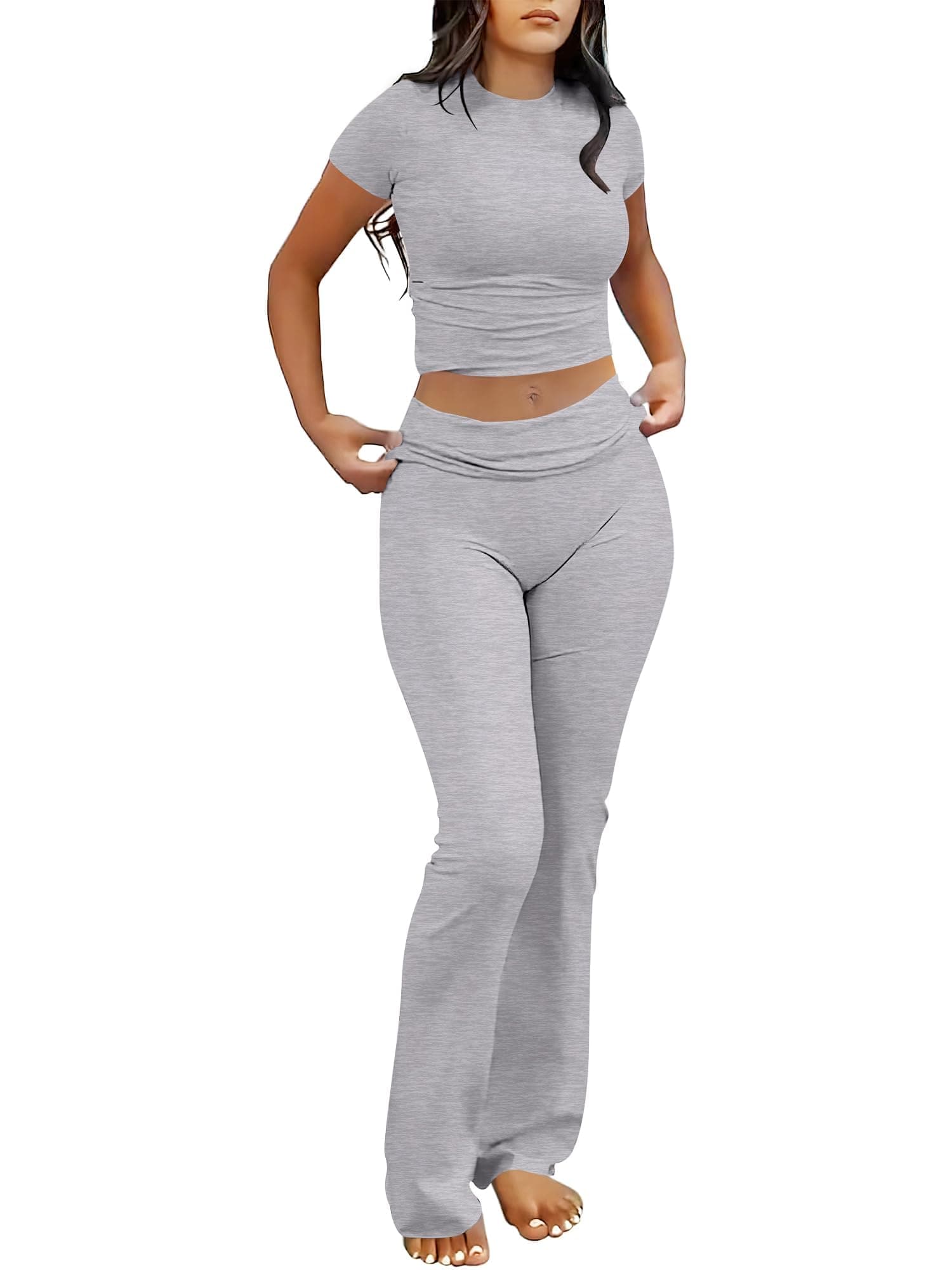 ANRABESS Lounge Sets for Women 2 Piece Foldover Yoga Flare Leggings Pants Crop Tops Casual Y2K Outfits Matching Tracksuit Set Medium Grey