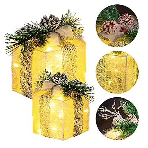Hourleey Set of 3 Christmas Lighted Gift Boxes, Pre-lit 60 LED Light Up Present Boxes Ornament Outdoor Warm White Tinsel Boxes Decoration for Indoor Christmas Home Yard Lawn Decor - Image 4