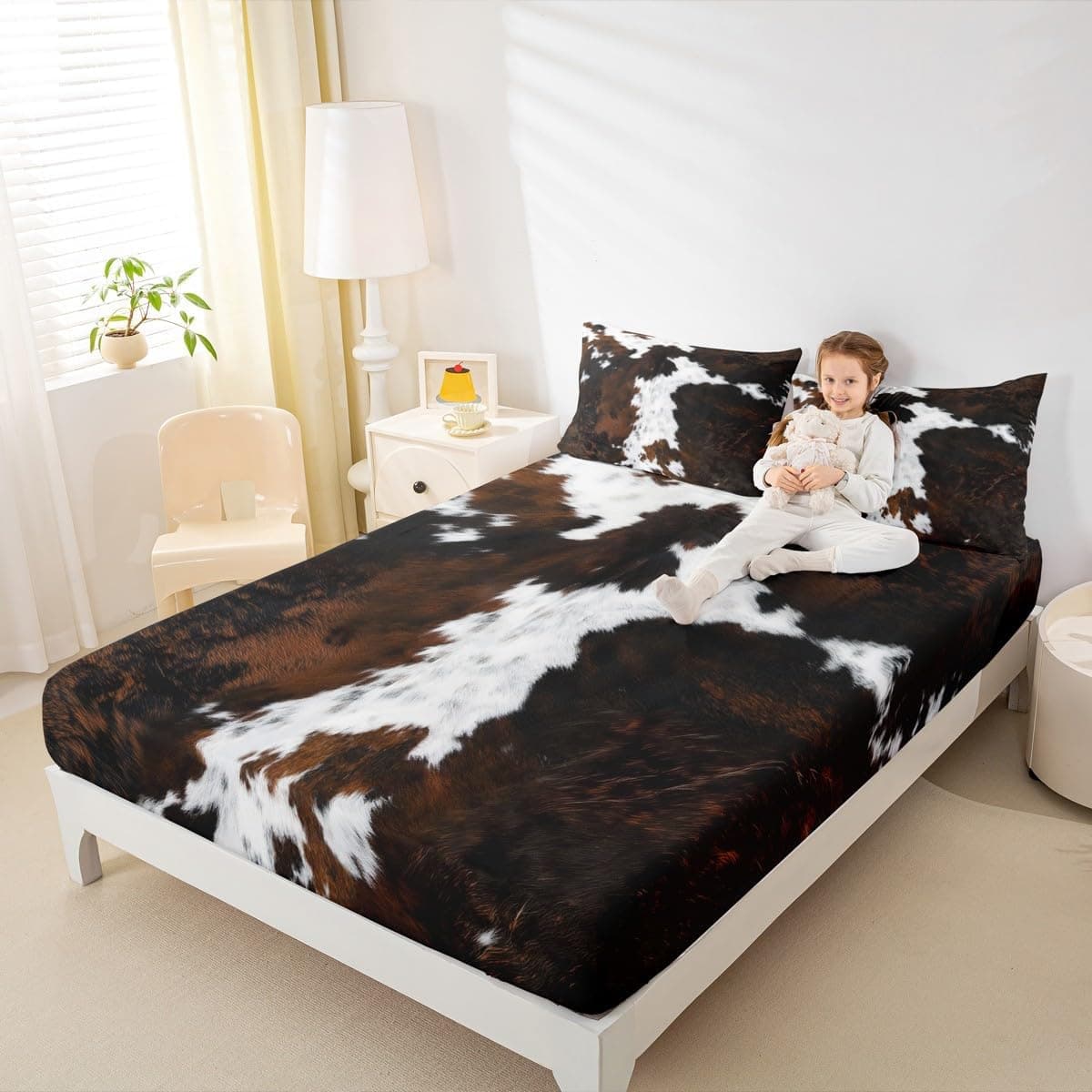 Cowhide Print Fitted Sheet Full Size 3 Pcs, Cow Fur Pattern Theme Bedding Deep Pocket for Home Bedroom Decor, Maroon (1 Fitted Sheet+2 Pillowcases) No Flat Sheet Cowhide Print 01 FULL (W54*L75*H16") - Image 5