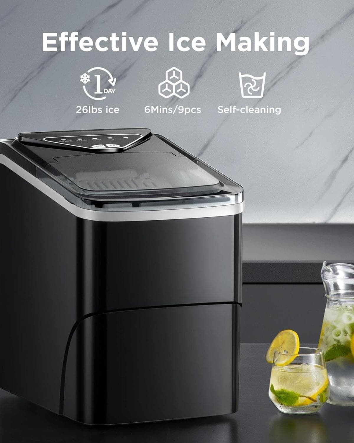 Totnz Countertop Ice Maker Machine, 26lbs in 24Hrs, 9 Ice Cubes Ready in 6 Mins, Auto-Cleaning Portable Ice Maker with Basket and Scoop, for Home/Kitchen/Camping/RV Ink Black 26lbs - Image 3