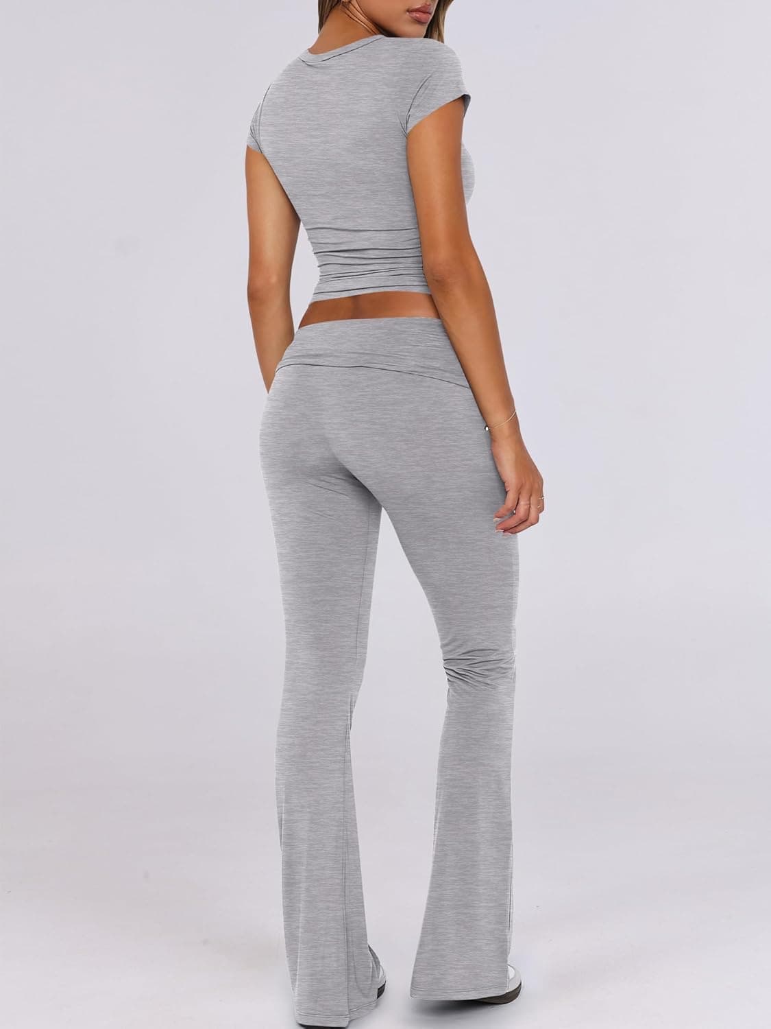 ANRABESS Lounge Sets for Women 2 Piece Foldover Yoga Flare Leggings Pants Crop Tops Casual Y2K Outfits Matching Tracksuit Set Medium Grey - Image 5