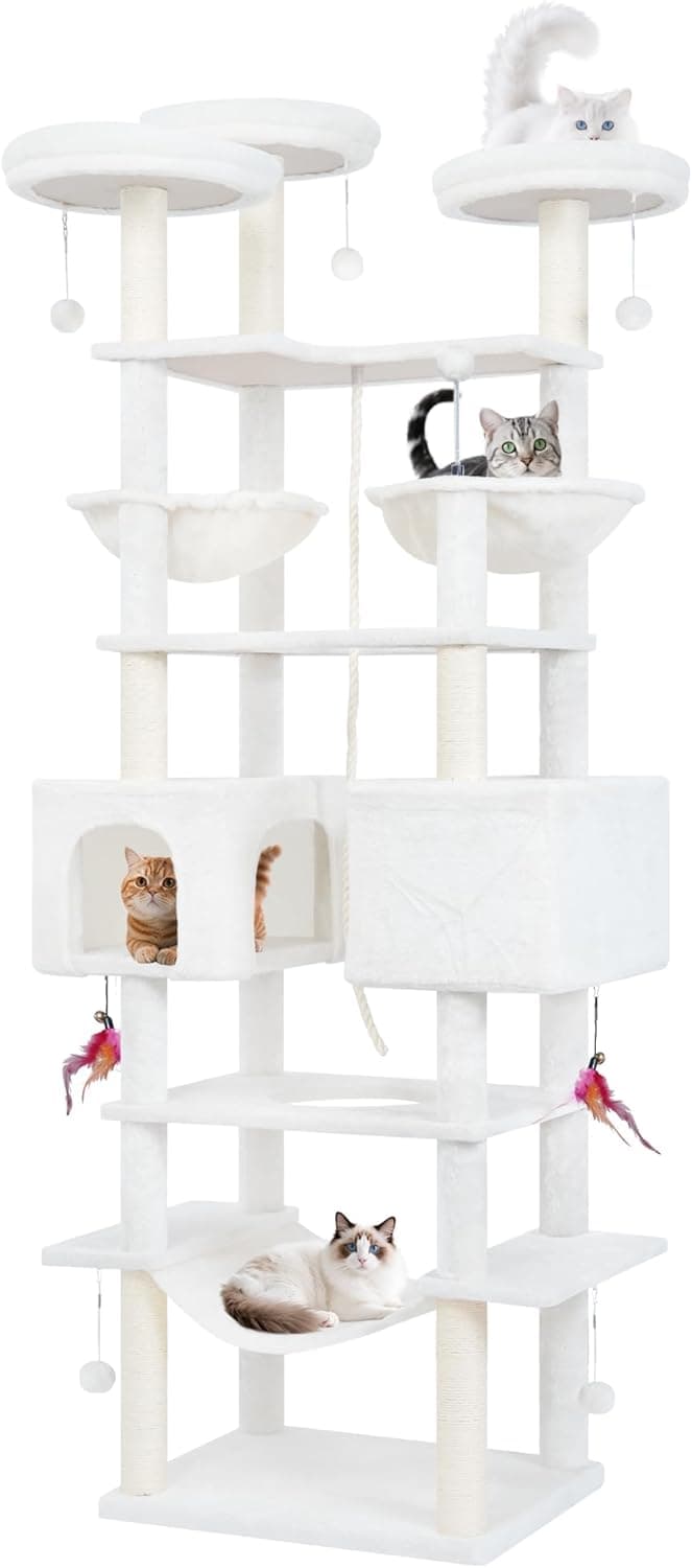 71in Multifunctional Multi-Level Cat Tree Tower for Indoor Cats,Cat Tree with Hammock,2 Condos,2 Hanging Baskets,2 Feather Toys,3 Perches,5 Hanging Balls,7 Scratching Posts,Beige 71" Beige - Image 2