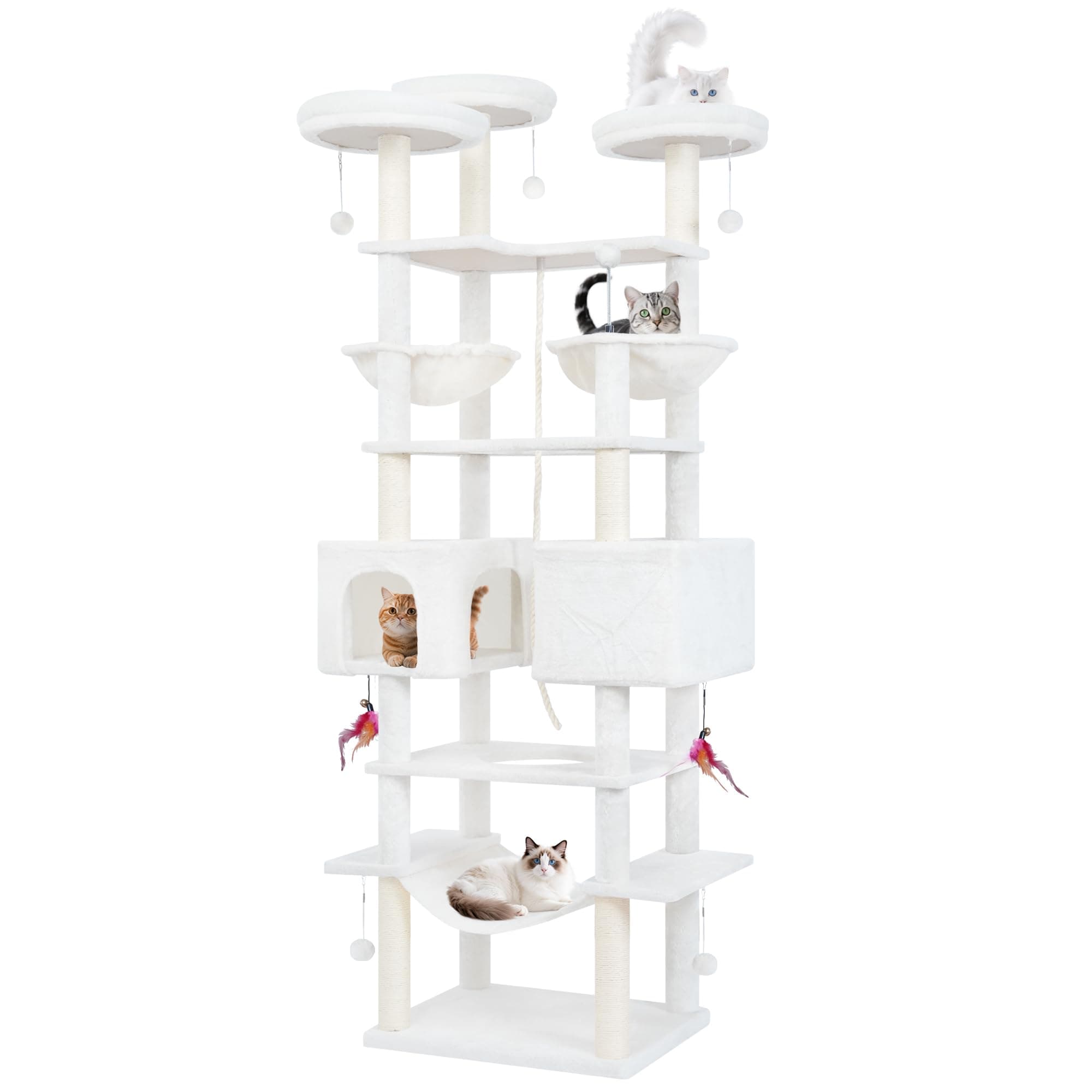 71in Multifunctional Multi-Level Cat Tree Tower for Indoor Cats,Cat Tree with Hammock,2 Condos,2 Hanging Baskets,2 Feather Toys,3 Perches,5 Hanging Balls,7 Scratching Posts,Beige 71" Beige
