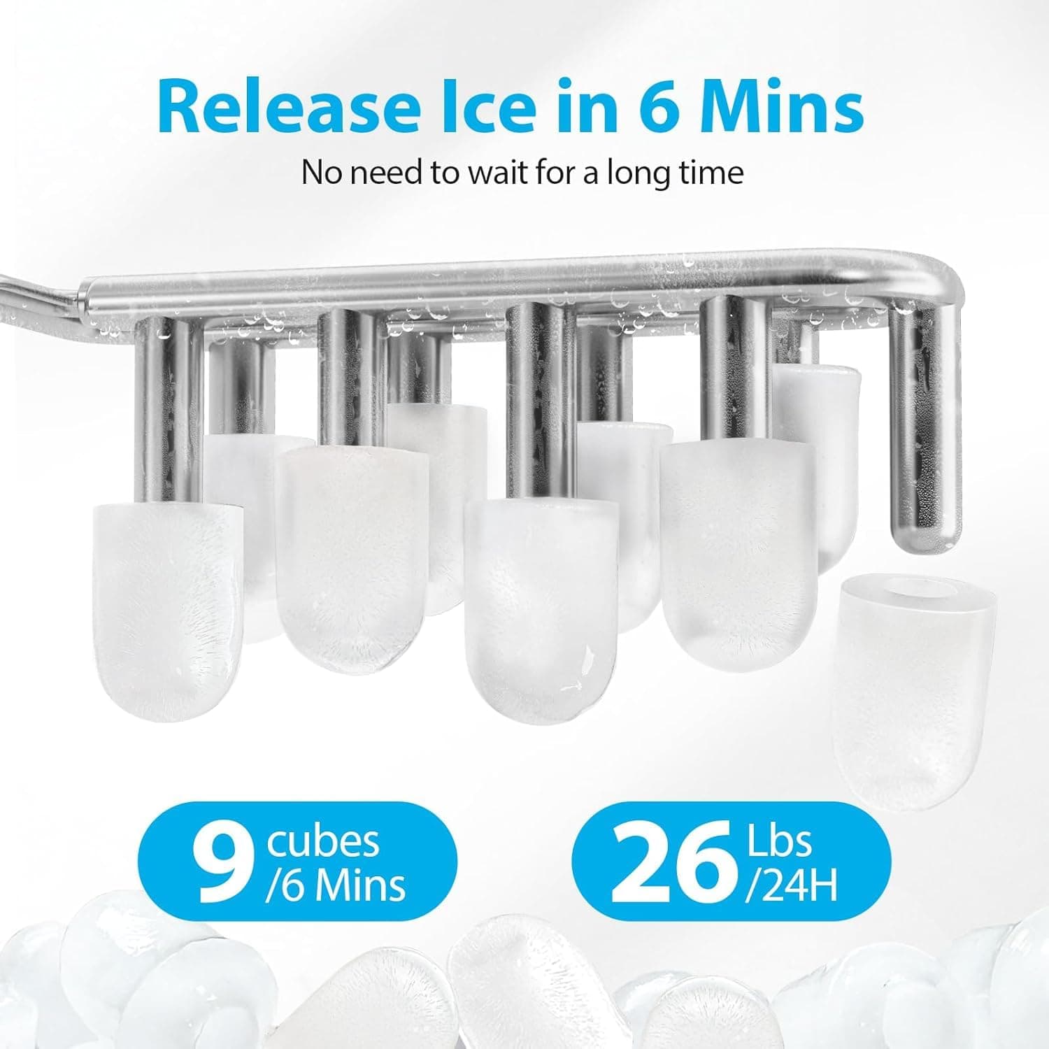 Aeitto Ice Makers Countertop, 9 Ice Cubes Release in 6 Mins, 26Lbs/24H, 2 Sizes of Bullet Ice Machine,Self-Cleaning Portable Ice Maker with Ice Scoop and Basket for Home Kitchen Office Bar RV, Black - Image 2
