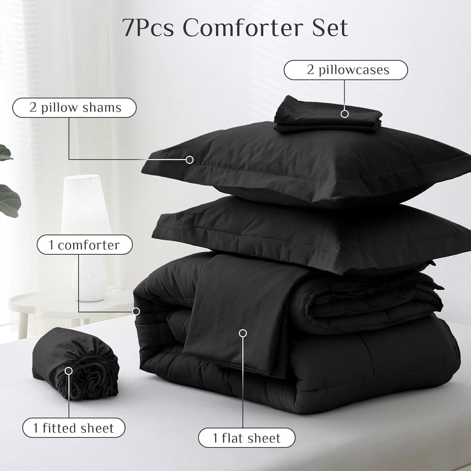 JOLLYVOGUE Queen Comforter Set, Ultra-Soft Bed in a Bag Queen Size 7 Pieces, Oeko-TEX Certified Bedding Set with Down Alternative Comforter, Sheets, Pillowcases & Shams, Black Black QUEEN(88"*88") - Image 5