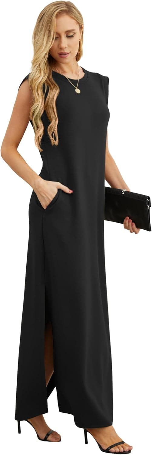 GRECERELLE 2025 Women Year-Round Casual Round Neck Loose Split Wrinkle-Free Long Maxi Vacation Dress with Pockets (XS-3XL) Medium Black - Image 5