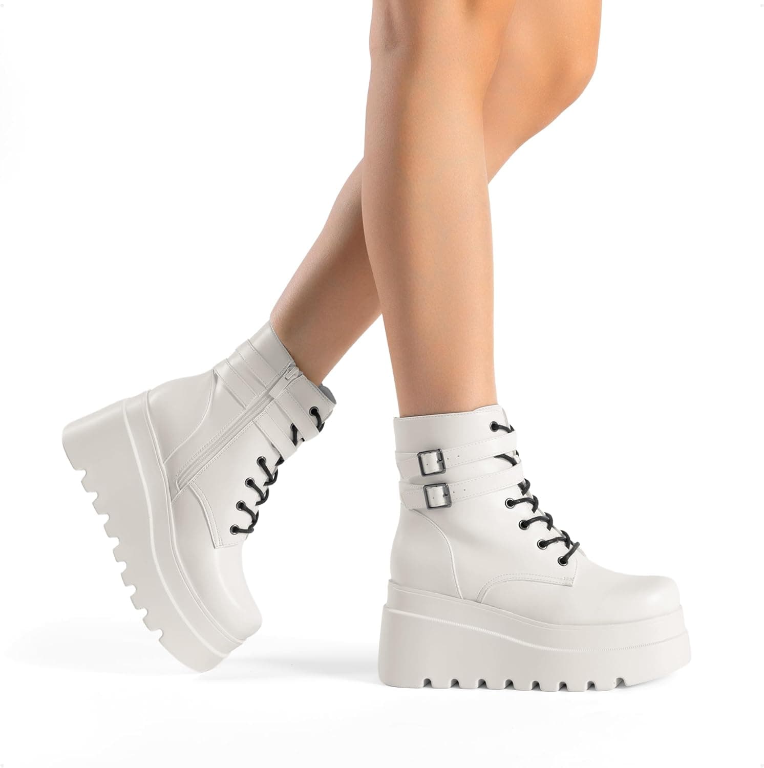 DREAM PAIRS Women Platform Combat Ankle Boots Goth Chunky High Heel Lace Up Motorcycle Booties 9 White - Image 7