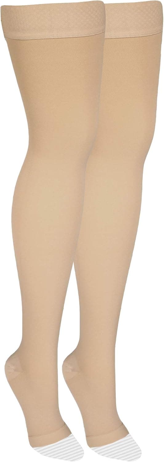 Amazon Basic Care Medical Compression Stockings, 20-30 mmHg Support, Women & Men Thigh Length Hose, Open Toe, Beige, Medium (Previously NuVein) - Image 8