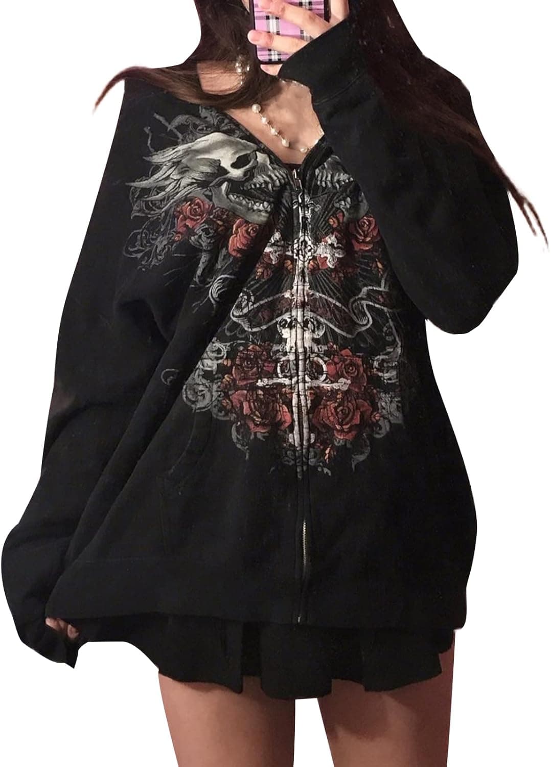 Women Y2K Skull Hoodie Graphic Zip Up Grunge Aesthetic Hoodies Casual Vintage Oversized Sweatshirt Harajuku Jacket Medium C Black - Image 2