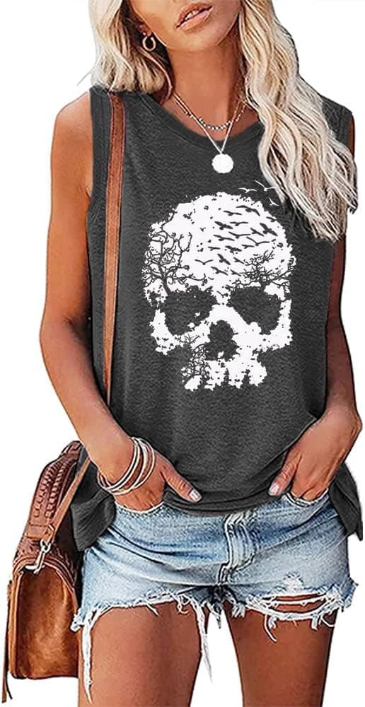Skull Shirts for Women Funny Gothic Graphic T-Shirts Novelty Horror Tee Casual Athletic Tops Dark Grey 01 Medium - Image 3