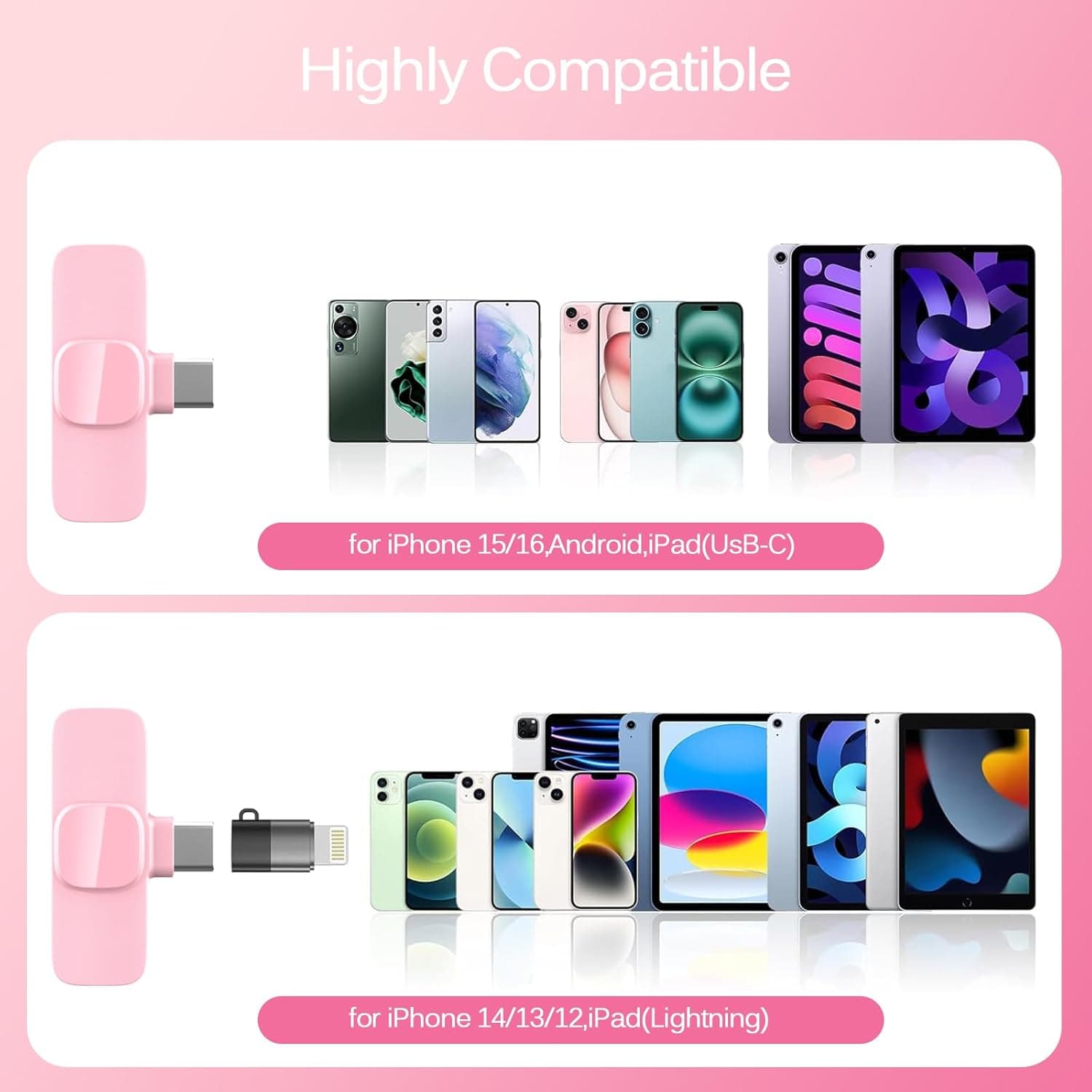 Pink Wireless Lavalier Microphone for iPhone & Android - Mini Clip-On Mic with Noise Cancellation, 65ft Range, 8H Battery, USB-C/Lightning - for TikTok, YouTube, Podcast, Live Streaming - Image 3