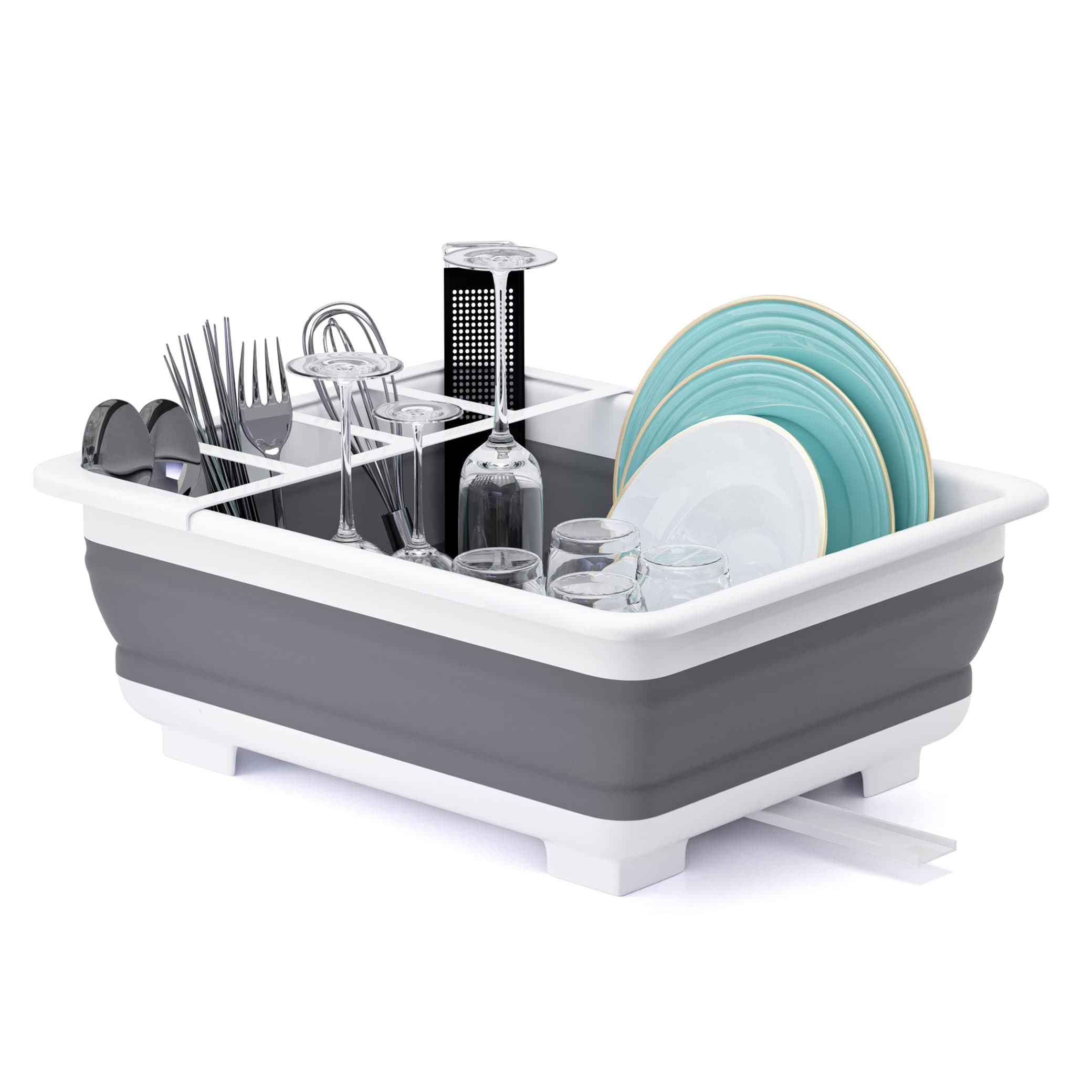 Collapsible Dish Drying Rack Portable Dinnerware Drainer Organizer for Kitchen RV Campers Travel Trailer Space Saving Kitchen Storage Tray Gray/White
