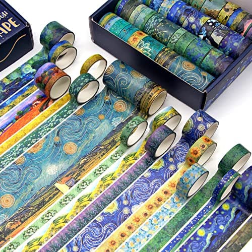 Geesinimo Washi Tape Set, 36 Rolls Van Gogh Vintage Gold Washy Tape, Wide Decorative Tape for Journaling, Scrapbooking Supplies,Vision Board Supplies, 6 Sizes Craft Watercolor Tape - Image 3