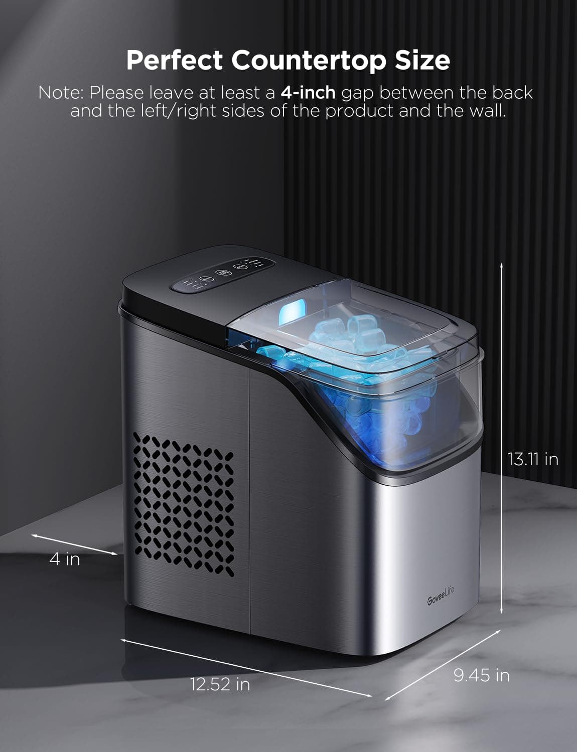 GoveeLife Smart Ice Maker Countertop, Portable Ice Machine with Voice Control, 9 Ice Cubes in 6 Minutes 3 Sizes, 26lbs/24Hrs, Self Cleaning RGB Lights, Quiet Ice Maker with Scoop for Kitchen Silver - Image 6