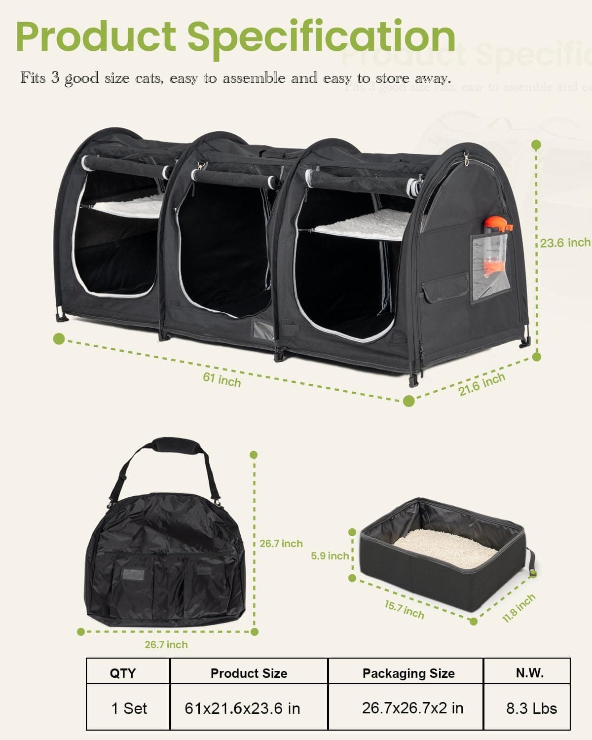 Portable Three Compartment Show House Cat Cage Condo - Easy to Fold & Carry Kennel - Comfy Puppy Home & Dog Travel Crate with Portable Carry Bag,2 Hammocks,3 Mats and Collapsible Litter Boxs Black - Image 3
