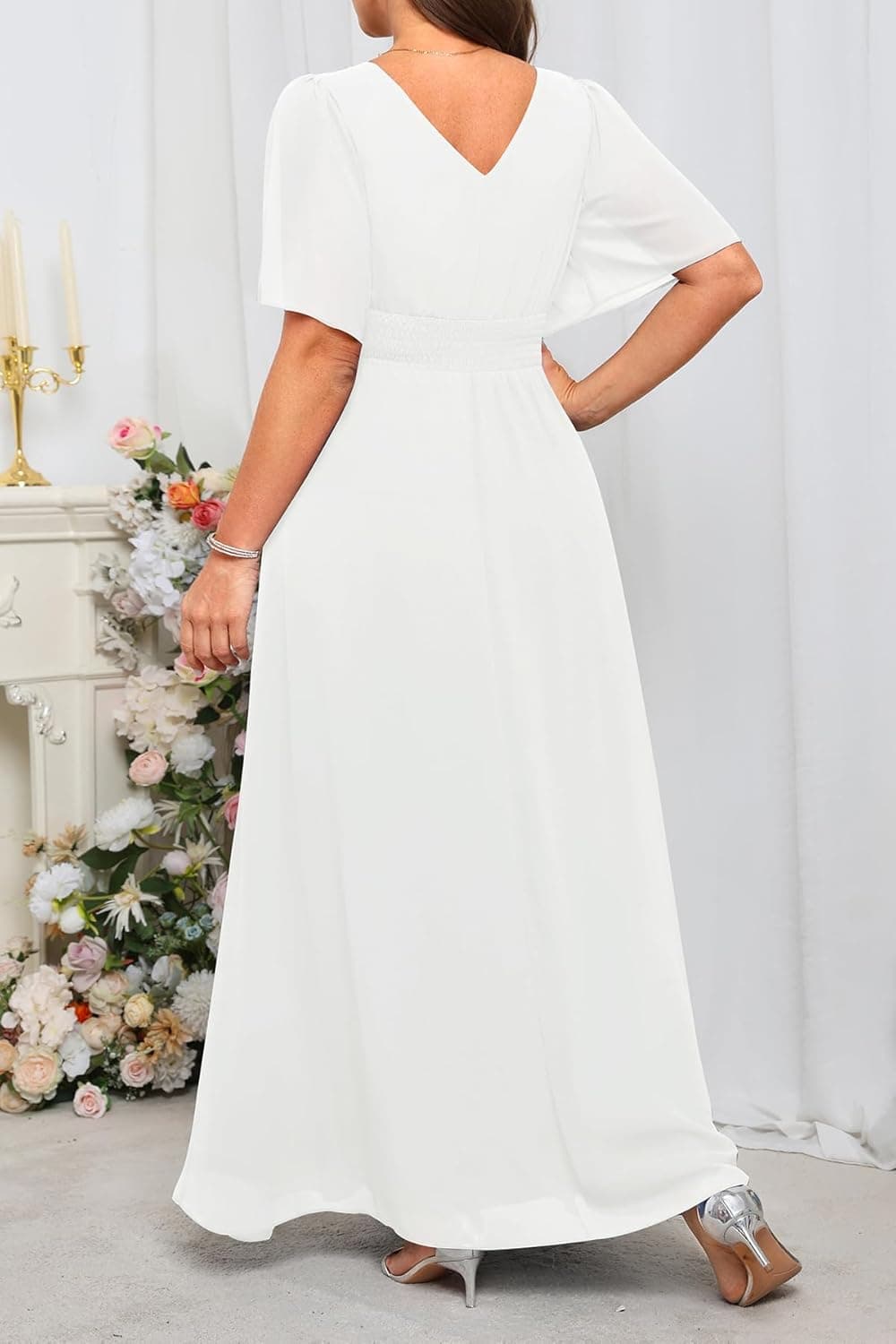 Plus Size Formal Dresses - V Neck Flutter Sleeves Evening Gowns Bridesmaid Wedding Guest Chiffon Long Maxi Dress White 18 Plus - Image 5