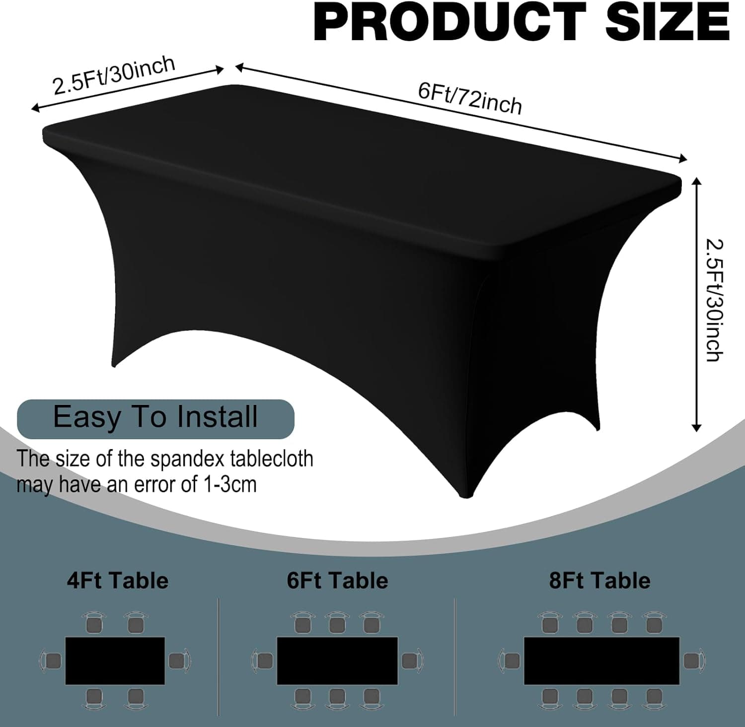 Trlyc 2件装 6英尺氨纶桌布 - 72 x 30英寸矩形拉伸桌布，抗皱拉伸桌罩，适用于婚礼、派对、宴会、野餐、户外装饰 (2件，黑色) 72" x 30" (6英尺 - 2件装) 黑色 - Image 5