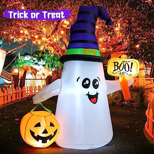 GOOSH 5 FT Halloween Inflatables Ghost Outdoor Decorations Blow Up Yard Cute Wizard Ghost with Pumpkin with Built-in LEDs for Garden Lawn Indoor Party Holiday Decor - Image 2