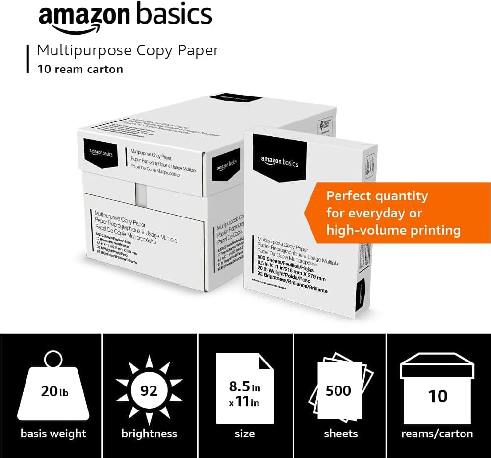 Amazon Basics Multipurpose Copy Printer Paper, 20 lb, 8.5 x 11 Inches, 10 Reams (5,000 Sheets), 92 Bright, White 10 Reams | 5000 Sheets Letter (8.5x11) - Image 4