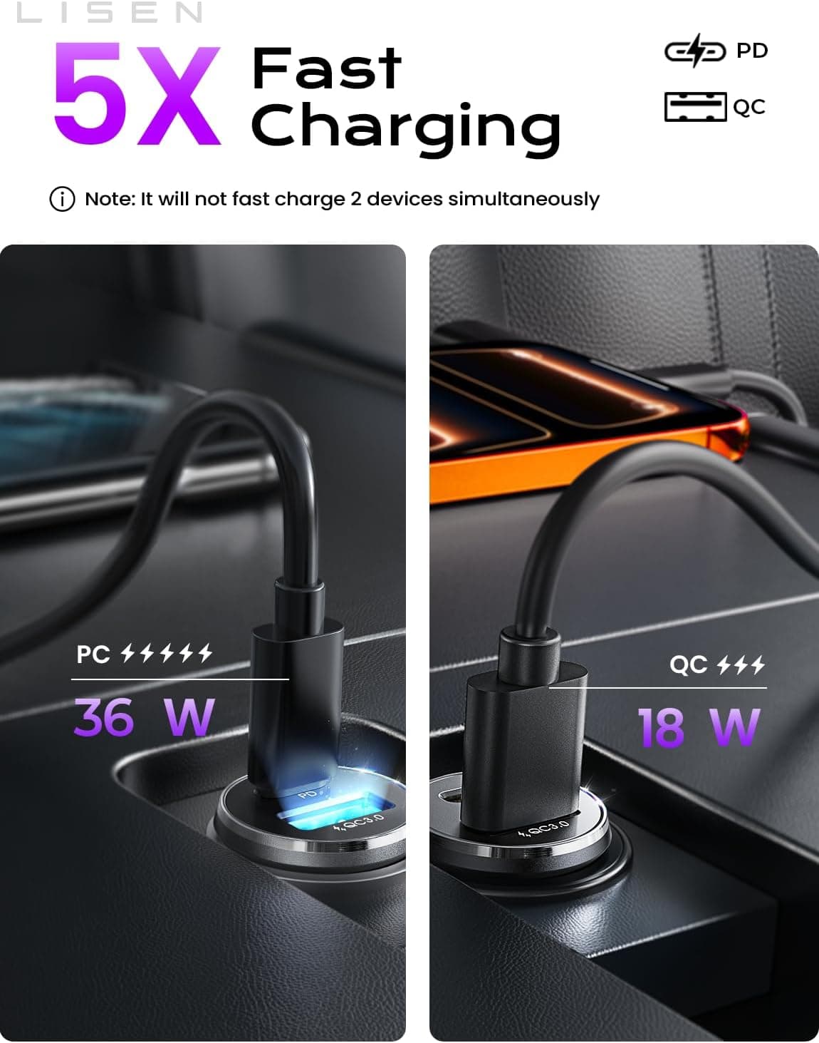 Cargador de Auto LISEN USB C, Adaptador de Cargador USB de 69W para Encendedor de Cigarrillos, Accesorios para Autos Regalos para Hombres, Adaptador de Carga Rápida Mini USBC para Autos, Enchufe Tipo C 12V, para iPhone 17 Pro Max 16 15 14 13 Negro 2 Paquete - Image 7