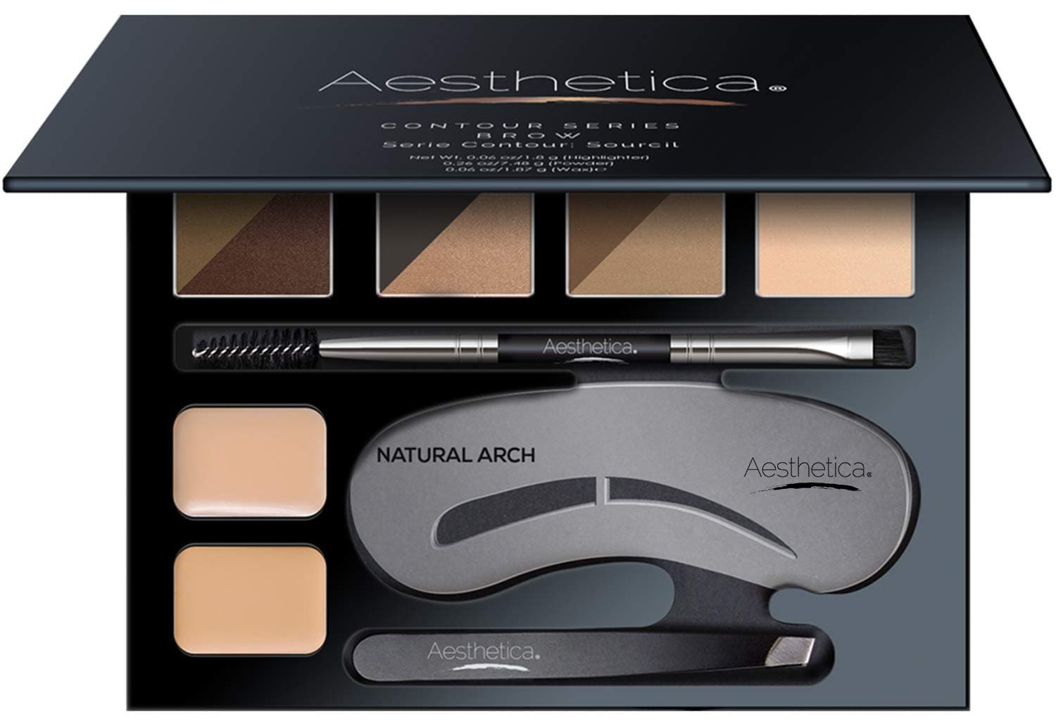 Aesthetica Brow Contour Kit 16-Piece Eyebrow Makeup Palette Set 6 Eyebrow Powders, 5 Eyebrow Stencils, Spoolie/Brush Duo, Tweezers, Eye Brow Wax, Highlighter - Unique Gifts For Women For Her Birthday - Image 2