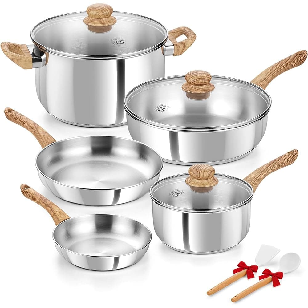 KOCH SYSTEME CS Stainless Steel Coowkare Set 10PCS, Professional 18/10 Stainless Steel Pots and Pans Set with Cool-Touch Handles, Tri-ply Base, Kitchen Cookware Sets, Cooking Set Induction Compatible 10 Pcs