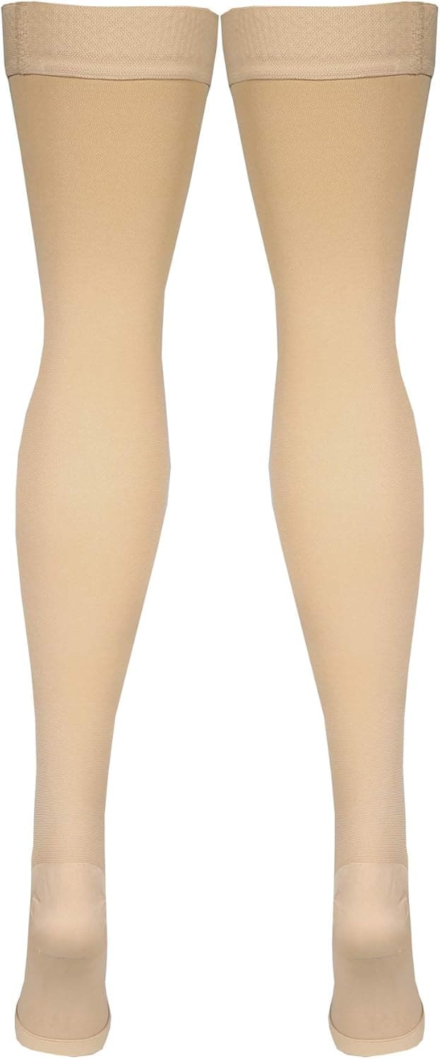 Amazon Basic Care Medical Compression Stockings, 20-30 mmHg Support, Women & Men Thigh Length Hose, Open Toe, Beige, Medium (Previously NuVein) - Image 9