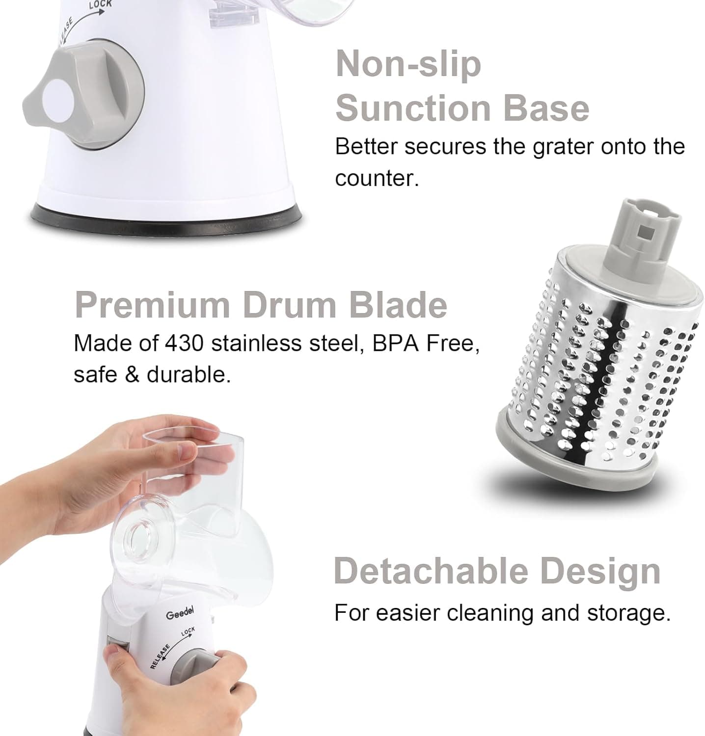 Geedel Rotary Cheese Grater, Kitchen Mandoline Vegetable Slicer with 3 Interchangeable Blades, Easy to Clean Rotary Grater Slicer for Fruit, Vegetables, Nuts 3 Blades White - Image 7