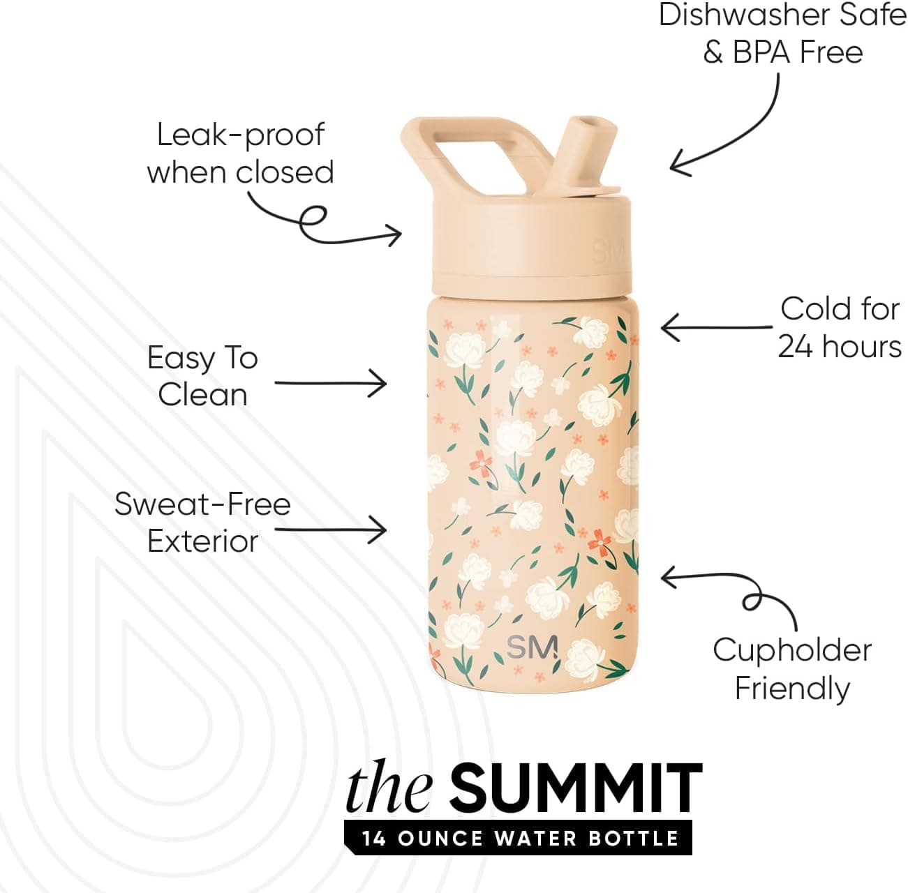 Simple Modern Kids Summit Water Bottle with Straw Lid | 14oz Stainless Steel Cup Insulated Tumbler for Toddlers, School | Chloe Floral 14 Ounces -Chloe Floral - Image 4