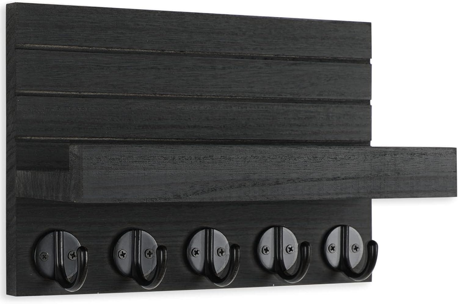 Soporte de Llaves para Pared, Soporte Decorativo de Llaves y Correo con Estante Tiene Ganchos Grandes para Bolsas, Abrigos, Paraguas – Perchero de Madera de Paulownia con Hardware de Montaje (9.8”W x 6.7”H x 4.2”D) Negro - Image 3