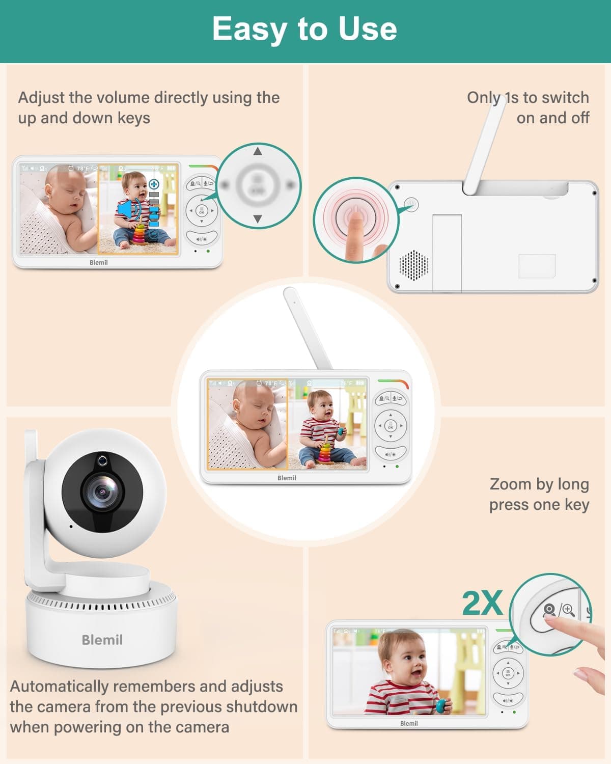 Blemil 6" Baby Monitor with 2 Cameras 4000mAh Battery Upgrade Split Screen Video Baby Monitor No WiFi Remote Pan-Tilt-Zoom Auto-Night Vision 150 Languages ECO Mode 2-Way Talk 1000FT (Ideal Condition) BL9064-2 - Image 5