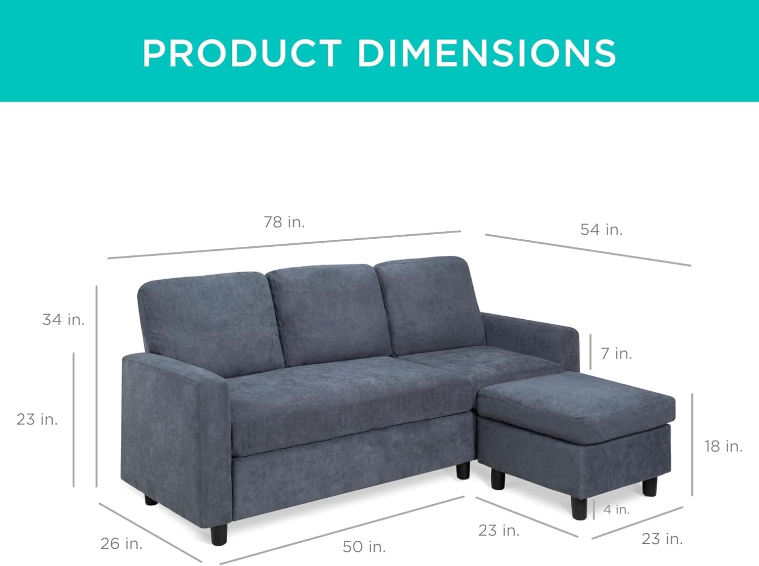 Best Choice Products Upholstered Sectional Sofa for Home, Apartment, Dorm, Bonus Room, Compact Spaces w/Chaise Lounge, 3-Seat, L-Shape Design, Reversible Ottoman Bench, 680lb Capacity - Blue/Gray - Image 4