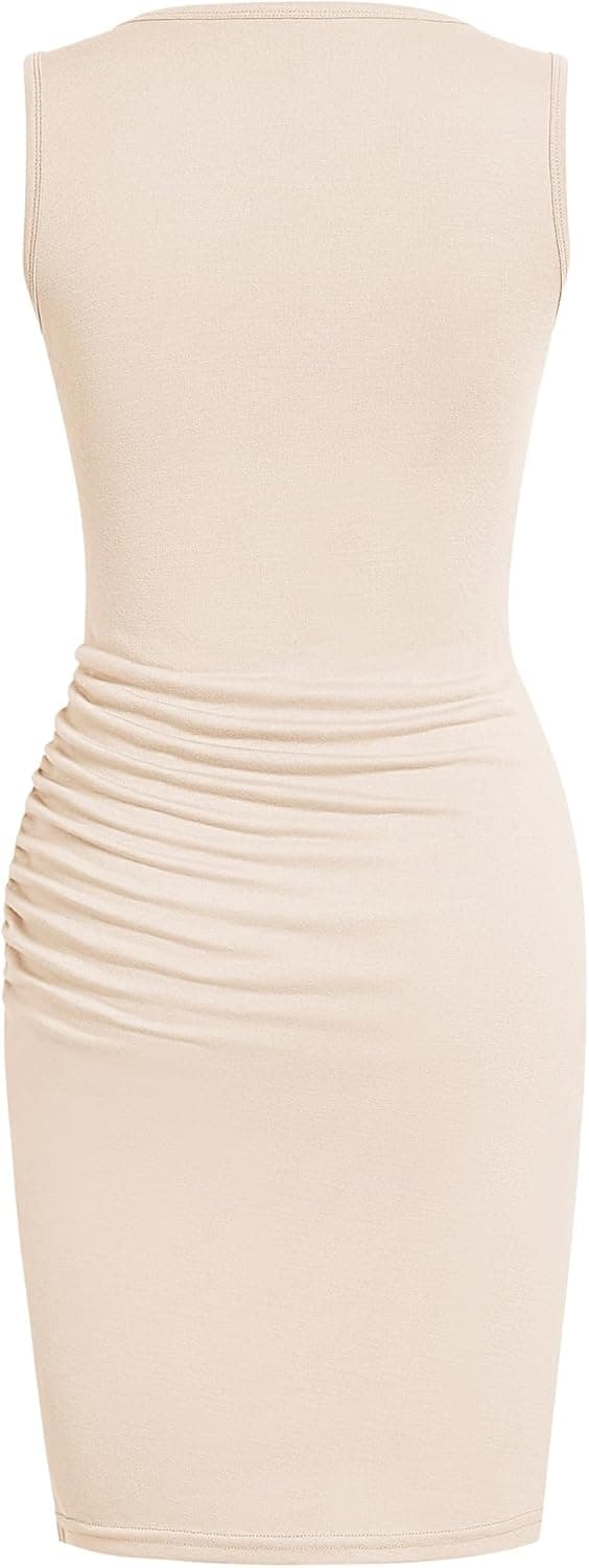 BTFBM Women Summer Dresses 2025 Fall Sleeveless Tank Crew Neck Casual Ruched Bodycon Party Club Beach Short Mini Dress Light Apricot Large - Image 8