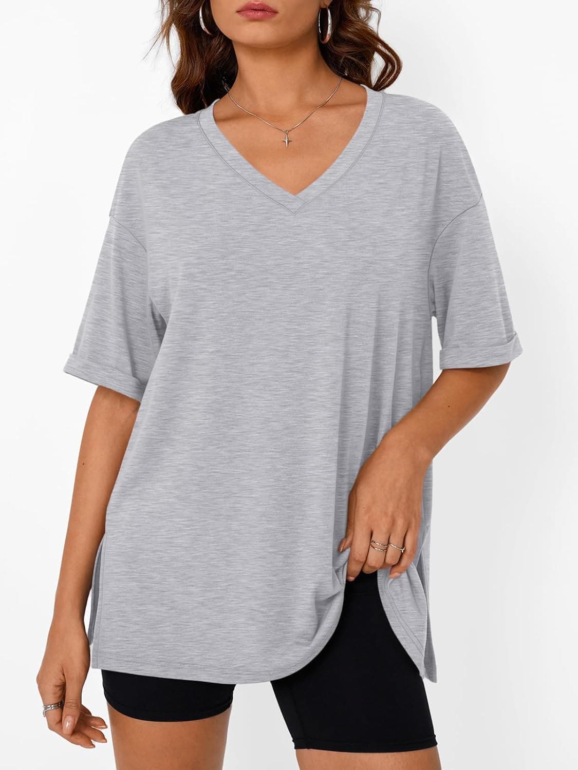 Trendy Queen Oversized Tshirts for Women Workout Plus Size Tops V Neck Short Sleeve Gym Shirts Casual Loose Fit Basic Tees Grey XX-Large - Image 3