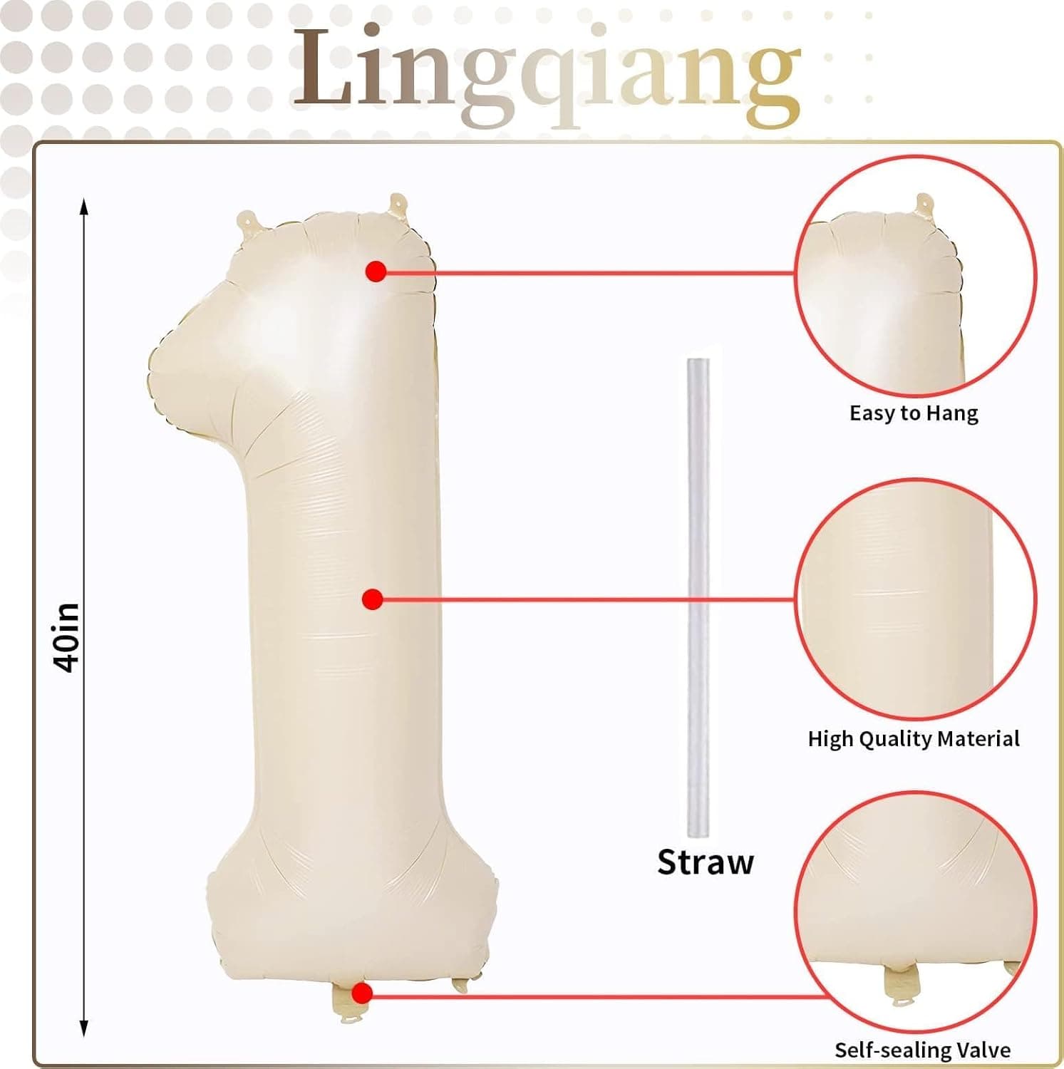 Globo Beige de 40 Pulgadas Número 1 para Decoración de Primer Cumpleaños, Grandes Globos de Foil Autoinflables de Crema con Números del 0 al 9 para Niños y Niñas, Globos de Helio 1 Arena Blanca para Fiestas de Mujeres y Hombres, Suministros de Aniversario Crema Número 1 - Image 3