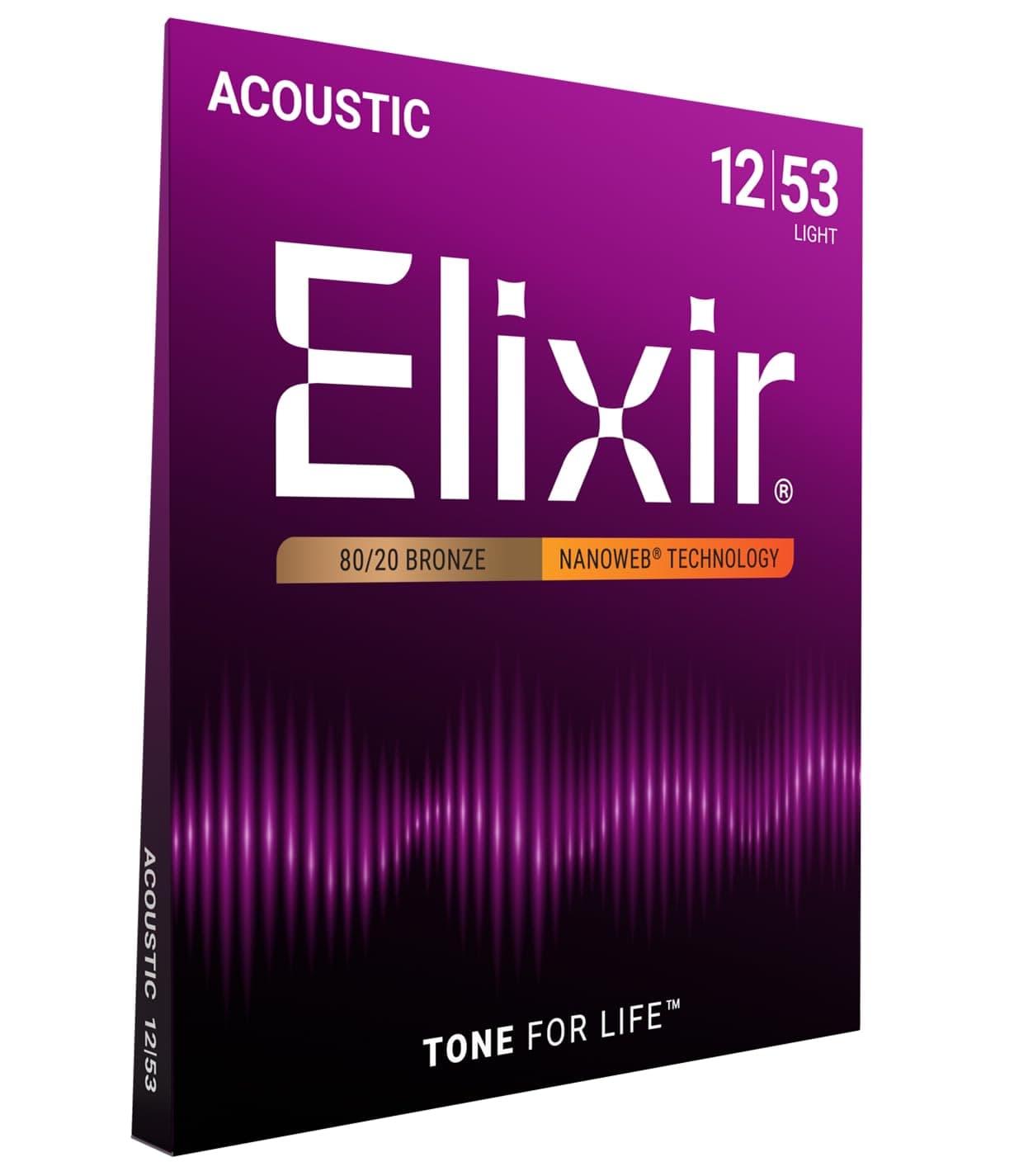 Elixir Strings, Acoustic Guitar Strings, 80/20 Bronze with NANOWEB Coating, Longest-Lasting Bright and Focused Tone with Comfortable Feel, 6 String Set, Light 12-53 Light (.012-.053) 1 Pack