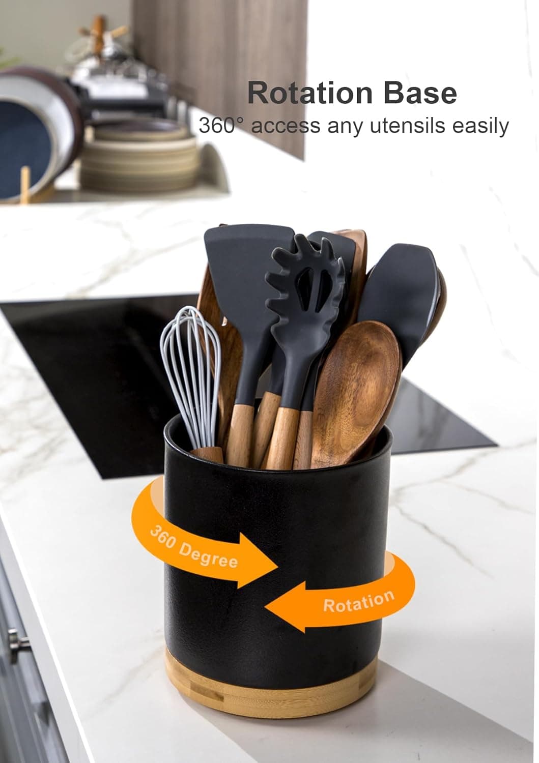 Nucookery 360°Rotating Utensil Holder, 7.2" Kitchen Utensil Crock, Ceramic Cooking Utensil Organizer with Countertop-Protection Cork Bottom for Farmhouse Kitchen Decor Christmas (Stone Black) - Image 6